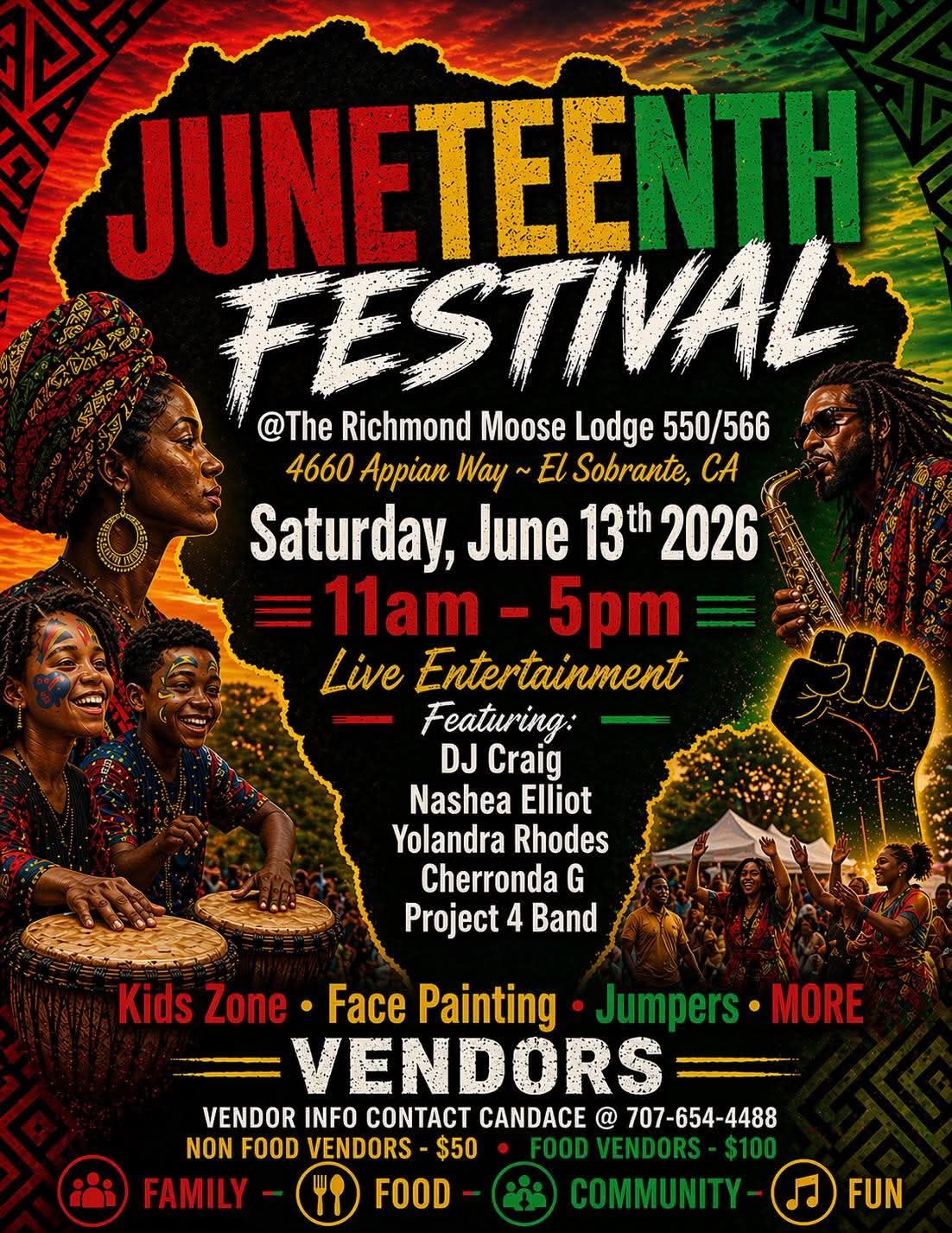 Juneteenth Festival poster, June 13, 2026, 11am–5pm, with live entertainment, vendors, kids zone, and music