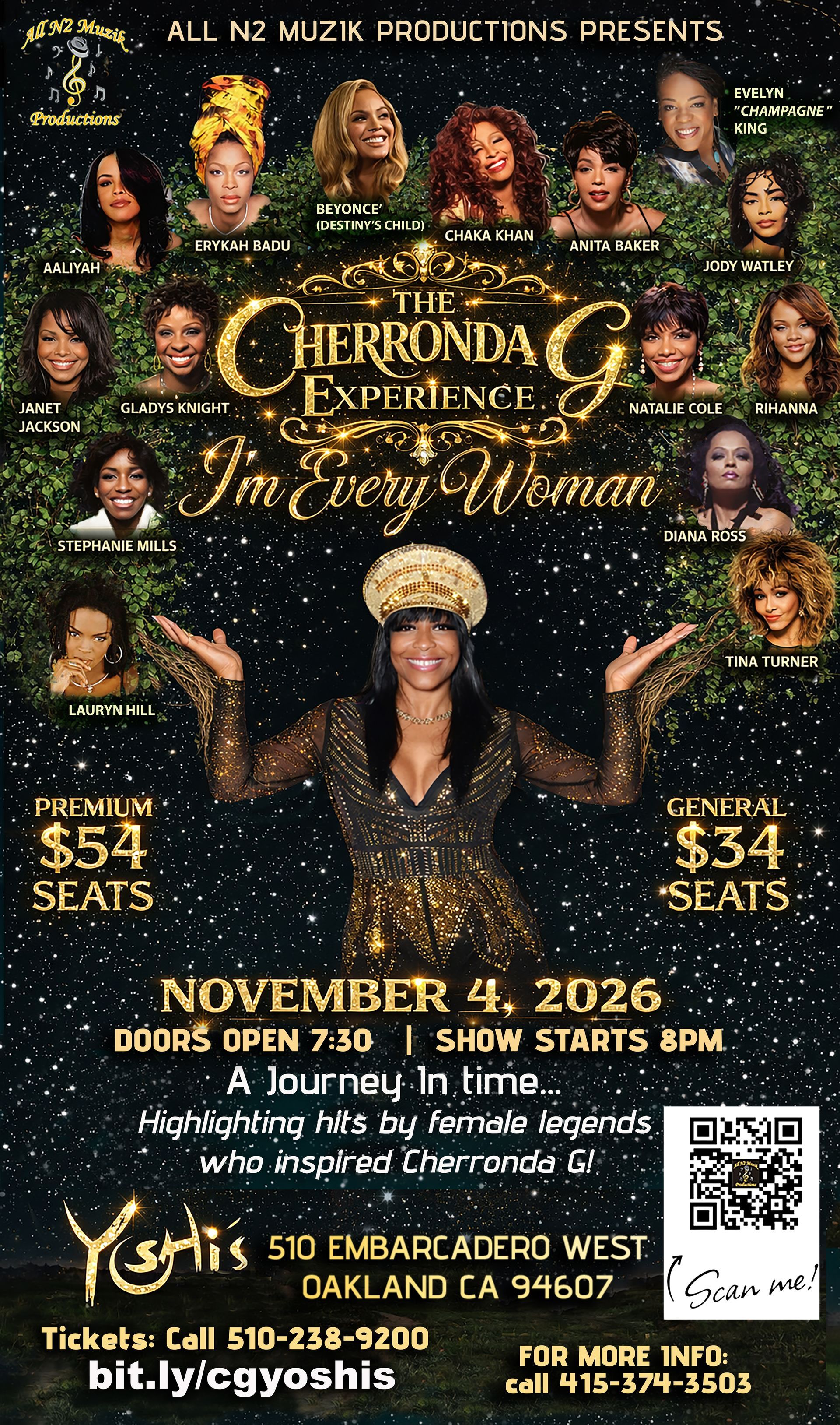 Event poster for “The Girlfriends Experience” comedy show, November 4, 2026, with performer photos and ticket info
