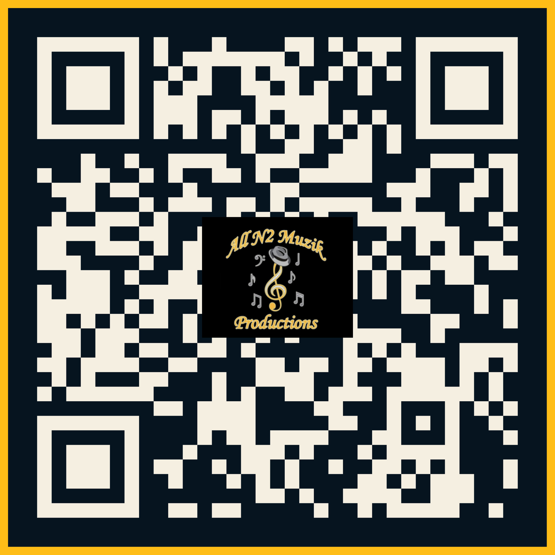 QR code with a black-and-cream “JM Music Productions” logo in the center on a dark background