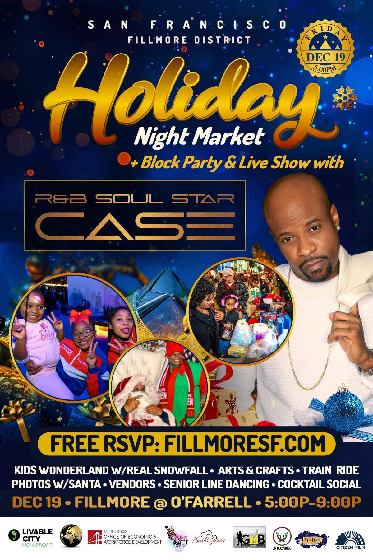 Holiday Night Market and Block Party flyer with event details, DJ Soul Star Case, and free RSVP at Fillmoresf.com