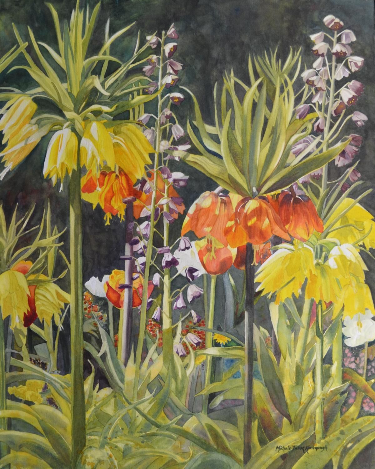 Colorful painting of yellow, orange, and white hanging flowers with green leaves against a dark background