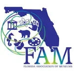 Florida Association of Museums logo with blue Florida outline and museum icons inside the letters FAM