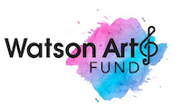 Watson Art & Fund logo with black text over pink and blue watercolor splash