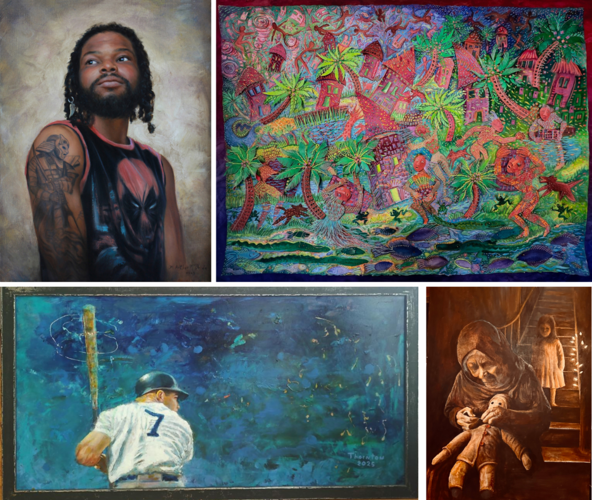 Collage of a portrait, colorful abstract painting, baseball player, and warm-toned seated figure pieces