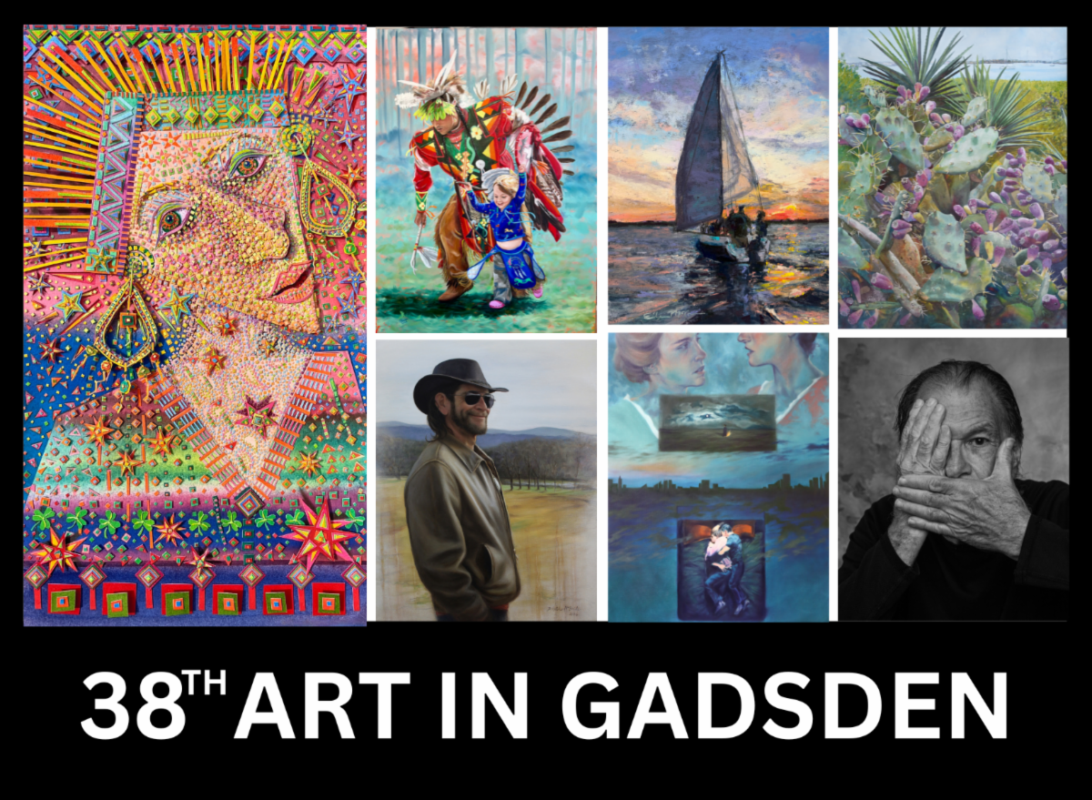 Art collage promoting “38th Art in Gadsden” with colorful paintings, portraits, and landscapes