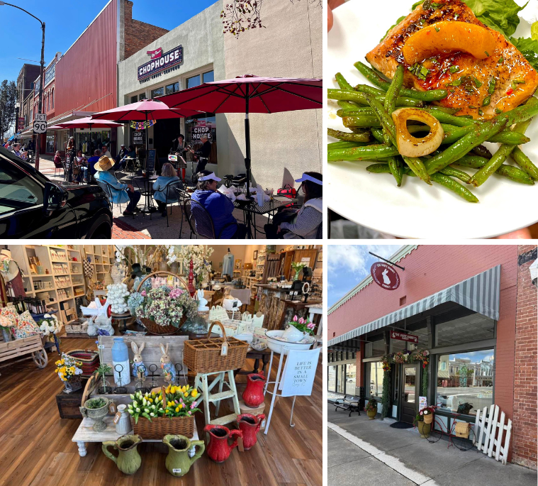 Collage of a storefront, outdoor dining, a plated dish, and a flower shop display