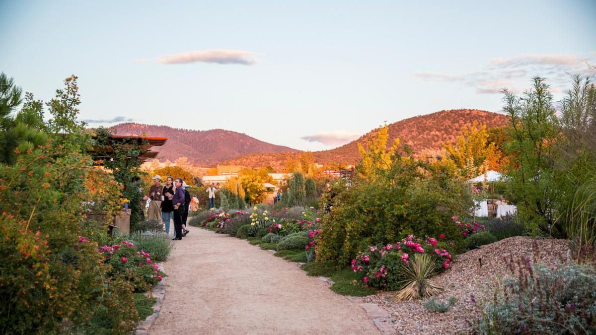 Garden path lined with pink flowers and greenery, with two people walking toward sunlit hills at sunset