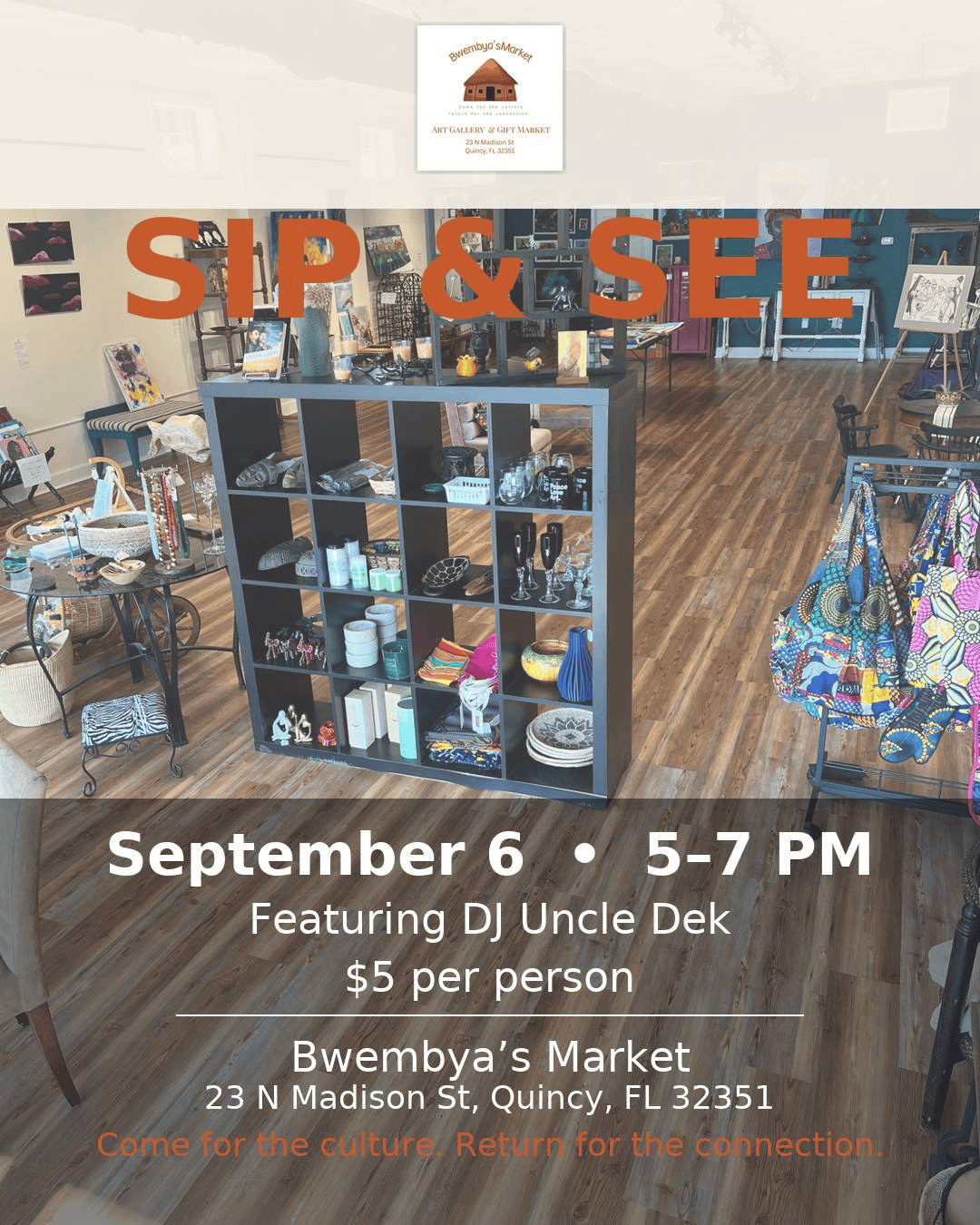 Sip & See event flyer for September 6, 5–7 PM, at Bewbey's Market, with DJ Uncle Dek and $5 entry