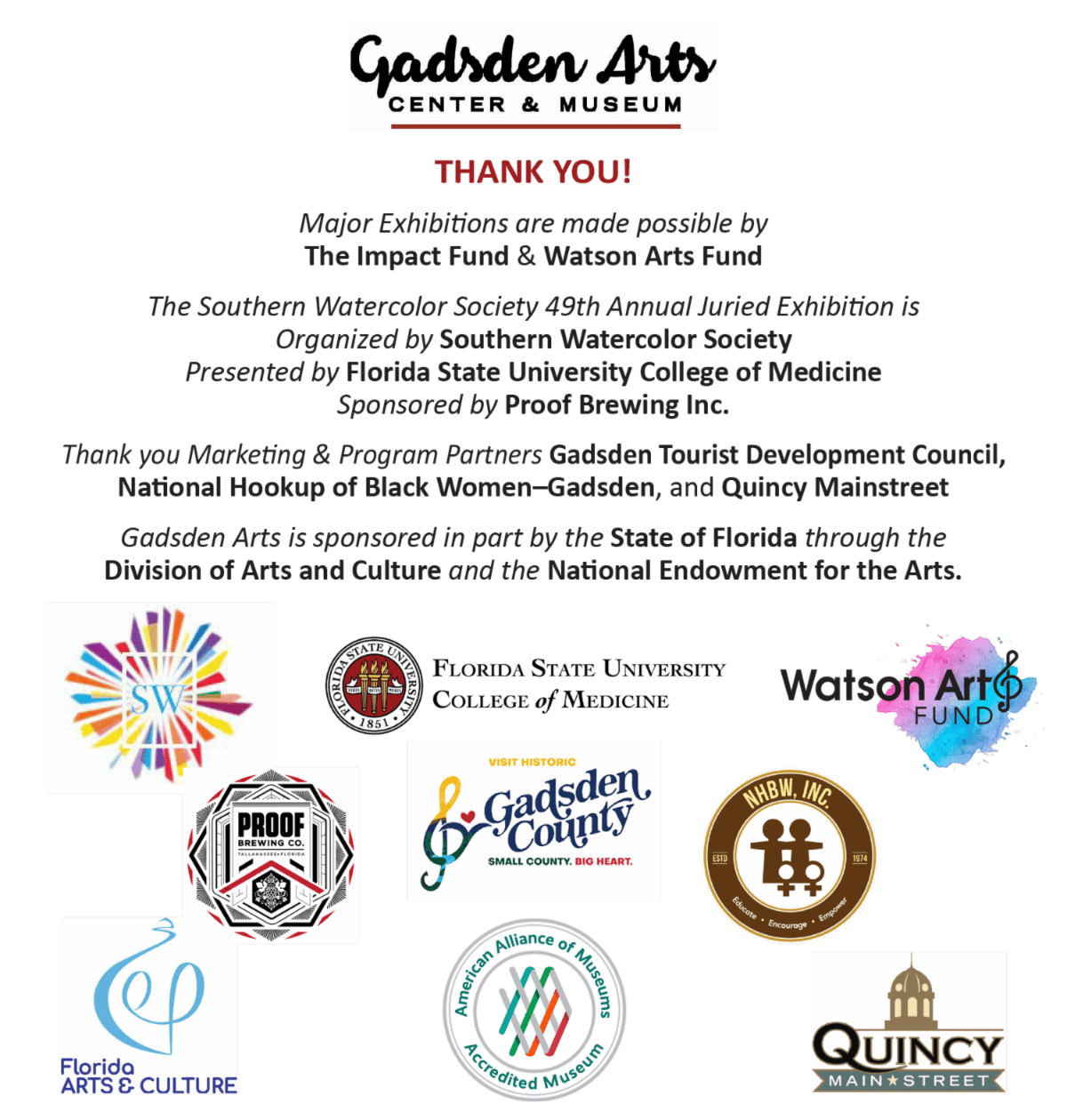 Gardner Arts and Museum thank-you poster with sponsor logos and colorful fireworks on a white background