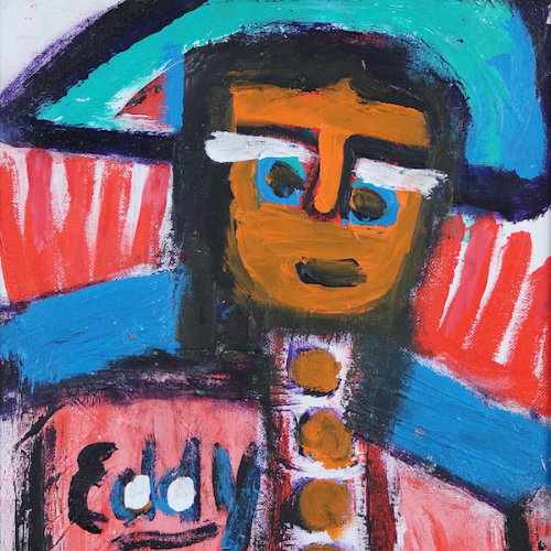 Abstract colorful portrait of a person with dark hair, blue hat, and striped red-blue background