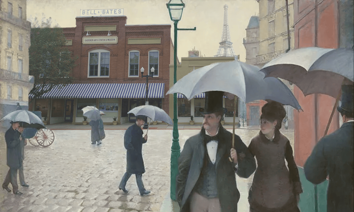 People walking with umbrellas on a rainy street in front of a brick storefront.