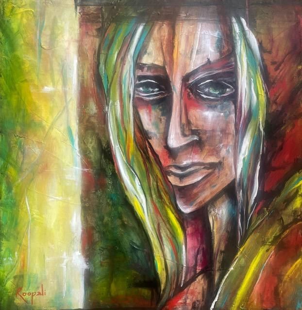 Abstract portrait of a solemn face with flowing multicolored hair in green, yellow, red, and white tones