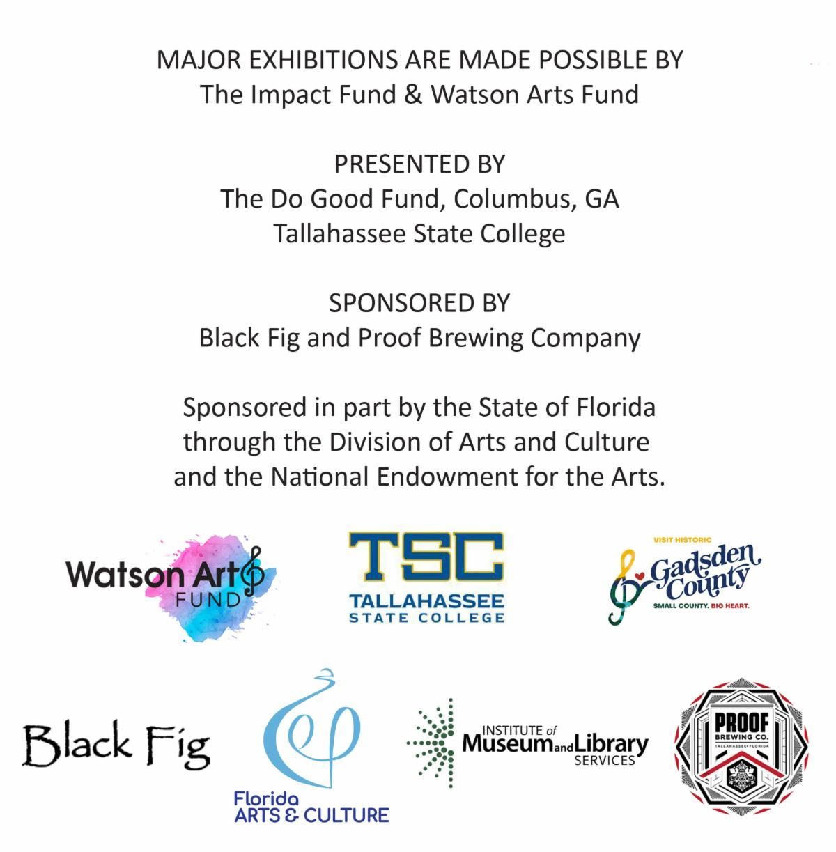 Exhibition sponsor poster with multiple arts and business logos and funding acknowledgments on white background