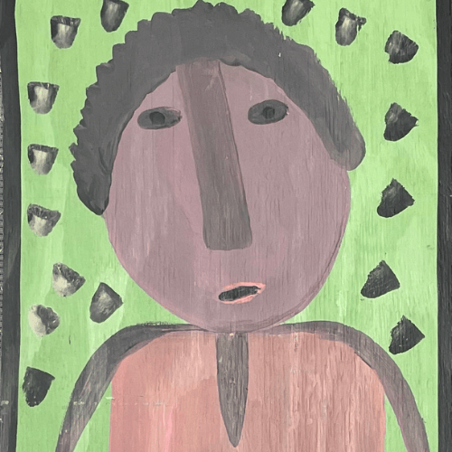 Painting of a person with dark hair and pink face on a green background, with black shapes around them