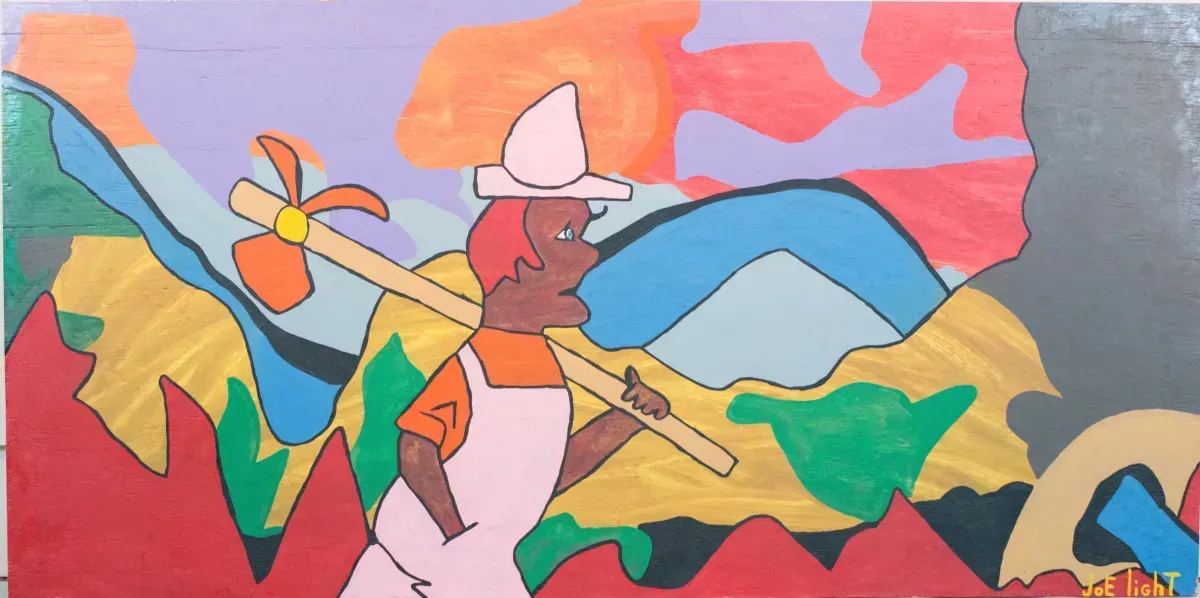Abstract colorful mural with a central figure holding a flower against layered mountains and sky.