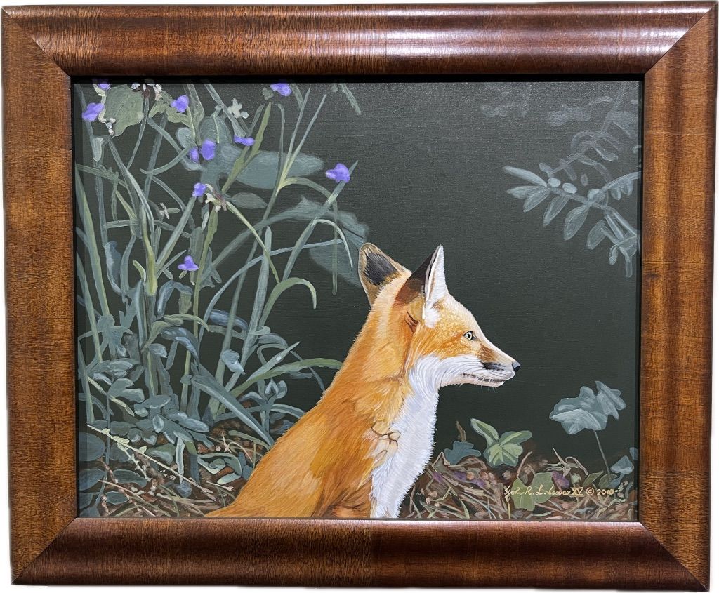 Framed painting of a red fox in profile amid dark foliage and wildflowers
