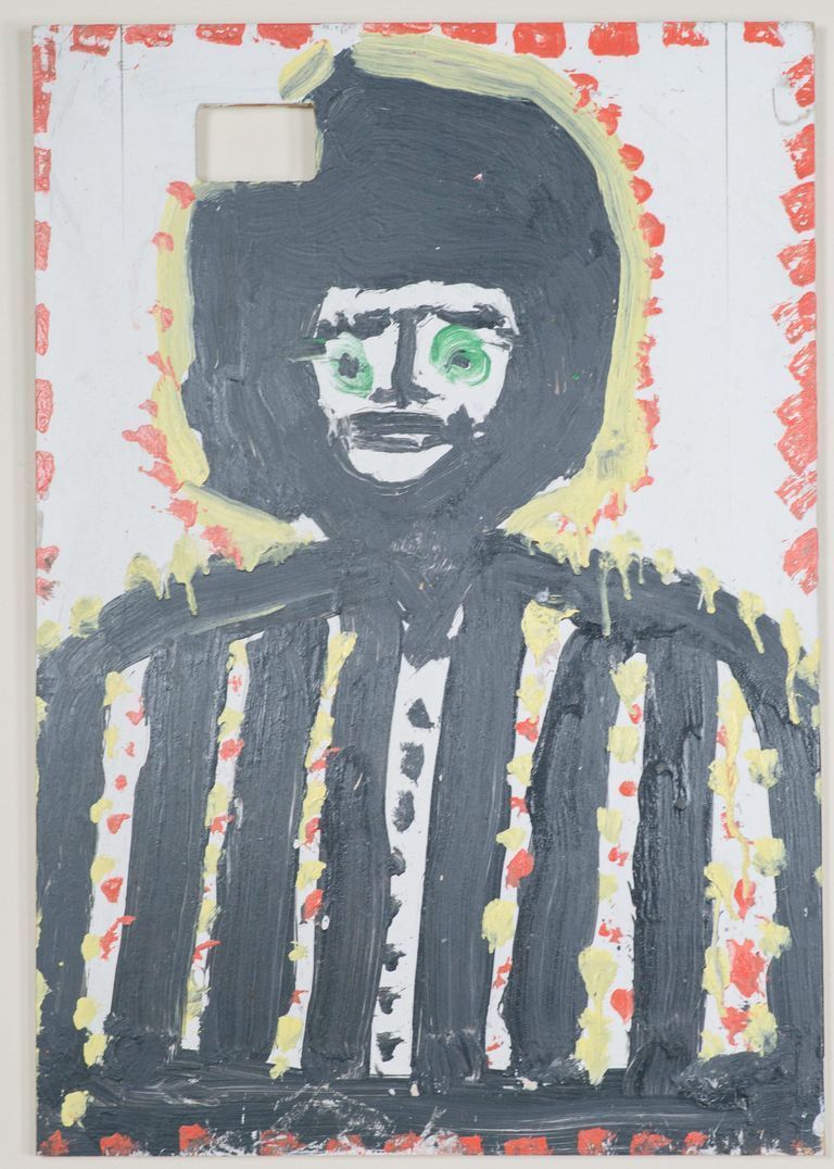 Stylized painting of a person with green glasses, black hair, and a striped shirt on a white background