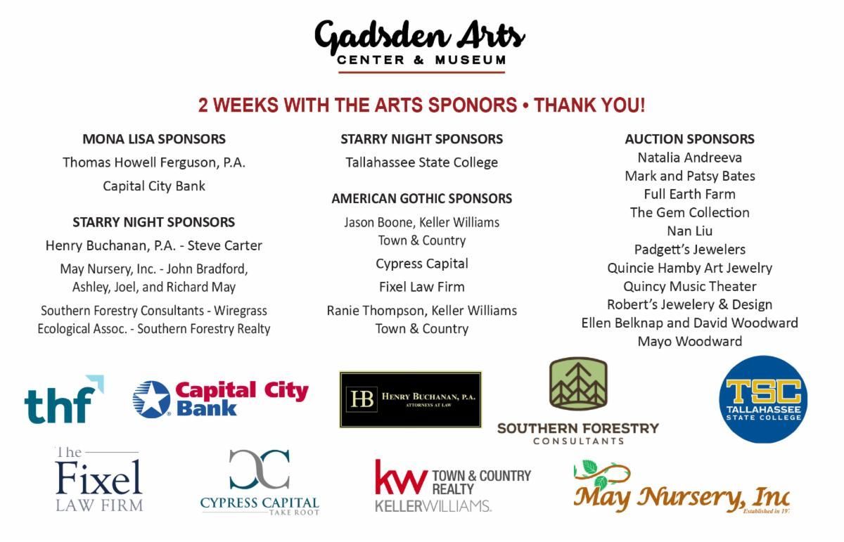 Garden Arts Festival sponsor banner with event title, 3-week schedule, and multiple sponsor logos on white background