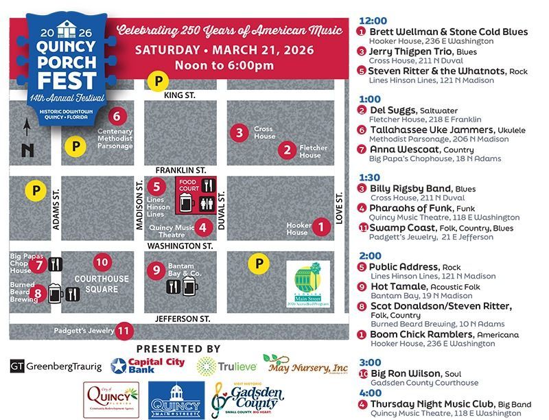 Quincy Porch Fest event map and schedule poster with venue locations, times, and sponsor logos in blue and white.