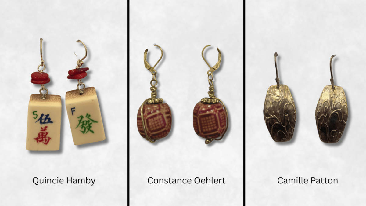 Three pairs of hanging earrings: beige square, oval red, and gold leaf designs on a white background