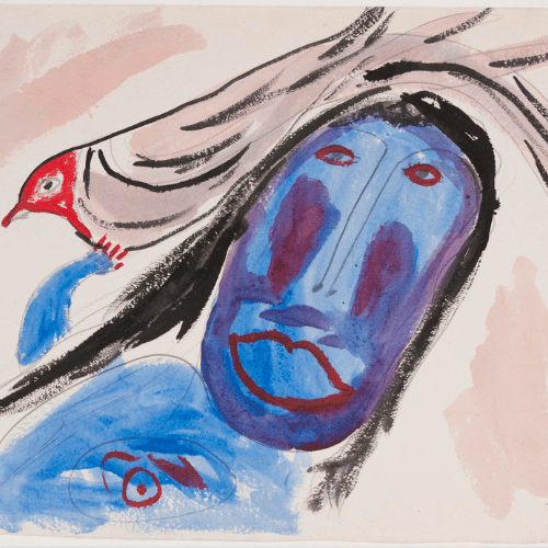 Abstract painting of a blue face with red features and flowing black hair on a pale pink background