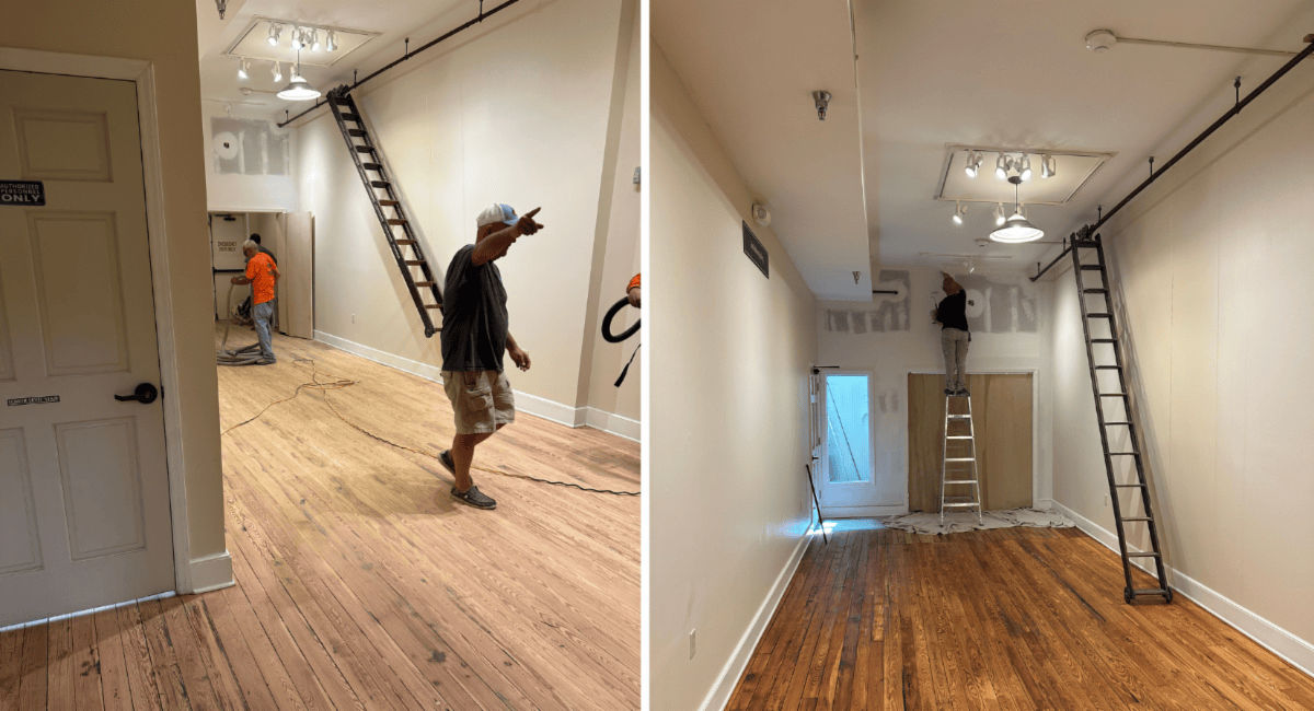 Two views of a narrow room with ladders, a person working on the left, and wood floors being refinished