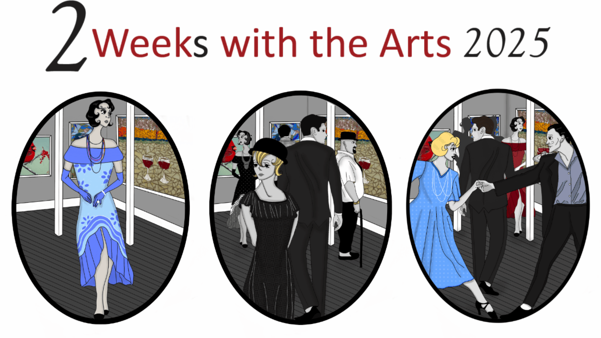 “2 Weeks with the Arts 2025” poster with three oval scenes of masked people dancing at an indoor event