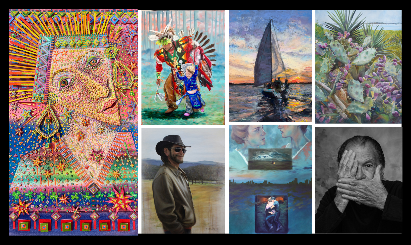 Collage of colorful art: abstract portrait, dancing figures, sailboat, flowers, landscapes, and a black-and-white face