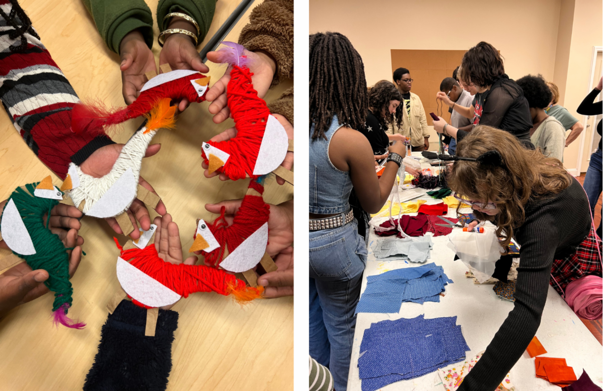 People folding and arranging colorful fabric pieces on tables in a classroom workshop