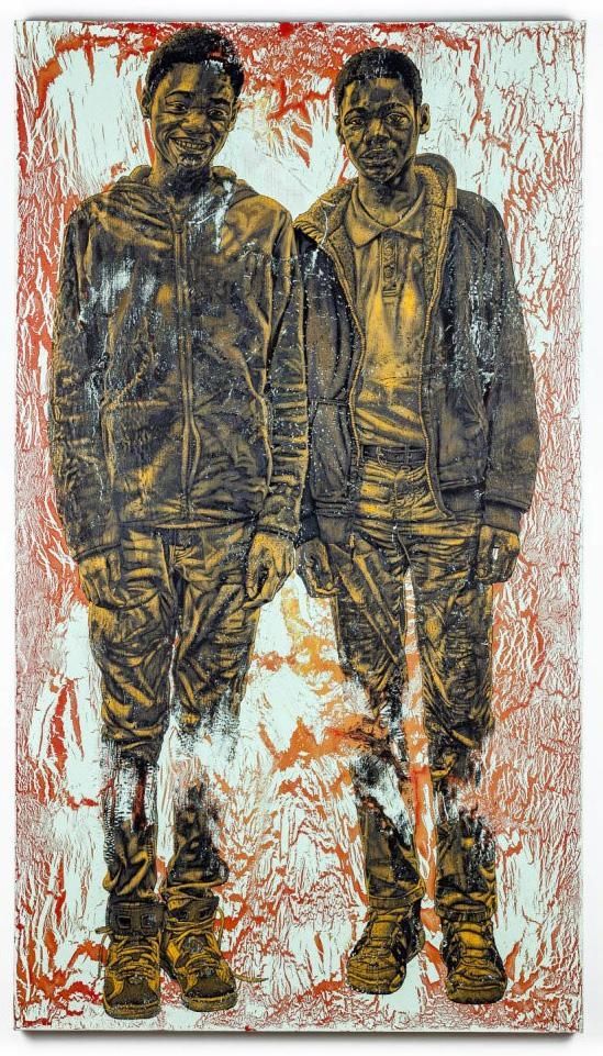 Two standing figures in dark clothing against a white background with red and gold abstract paint streaks