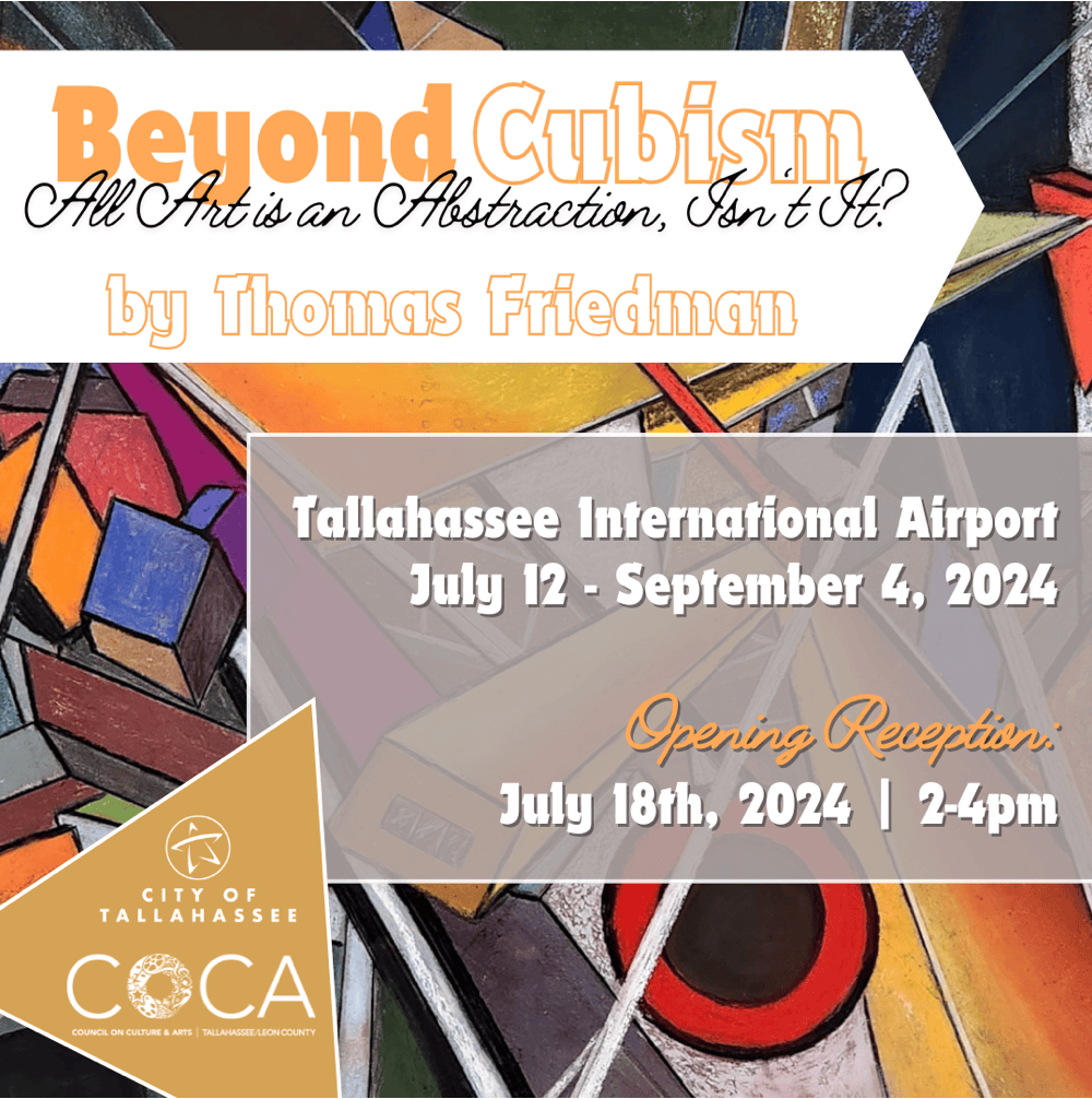 Poster for “Beyond Cubism” at Tallahassee International Airport, July 12–September 4, 2024, with opening reception July 18