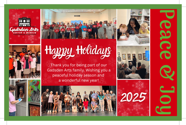 Holiday card collage with red border, “Happy Holidays,” “Peace & Joy,” and 2025 text