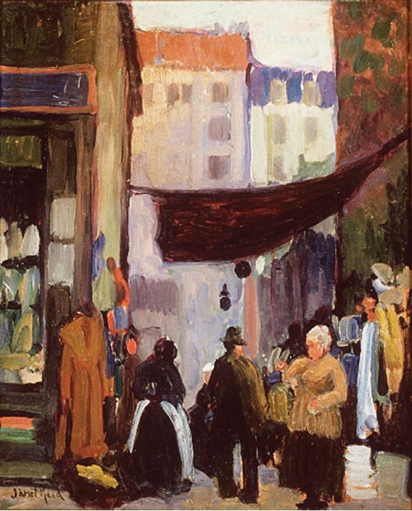 People gathered on a narrow street under a dark awning, with tall buildings in the background.