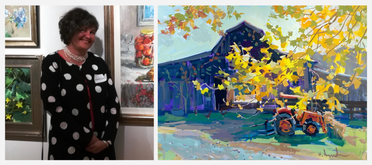 Woman beside colorful landscape painting with a barn and autumn leaves