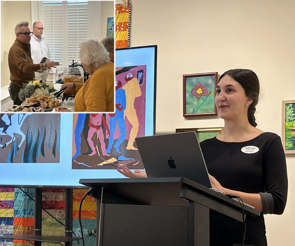 Woman speaking at a podium with laptop, in front of colorful artwork; inset shows two people talking at an event.