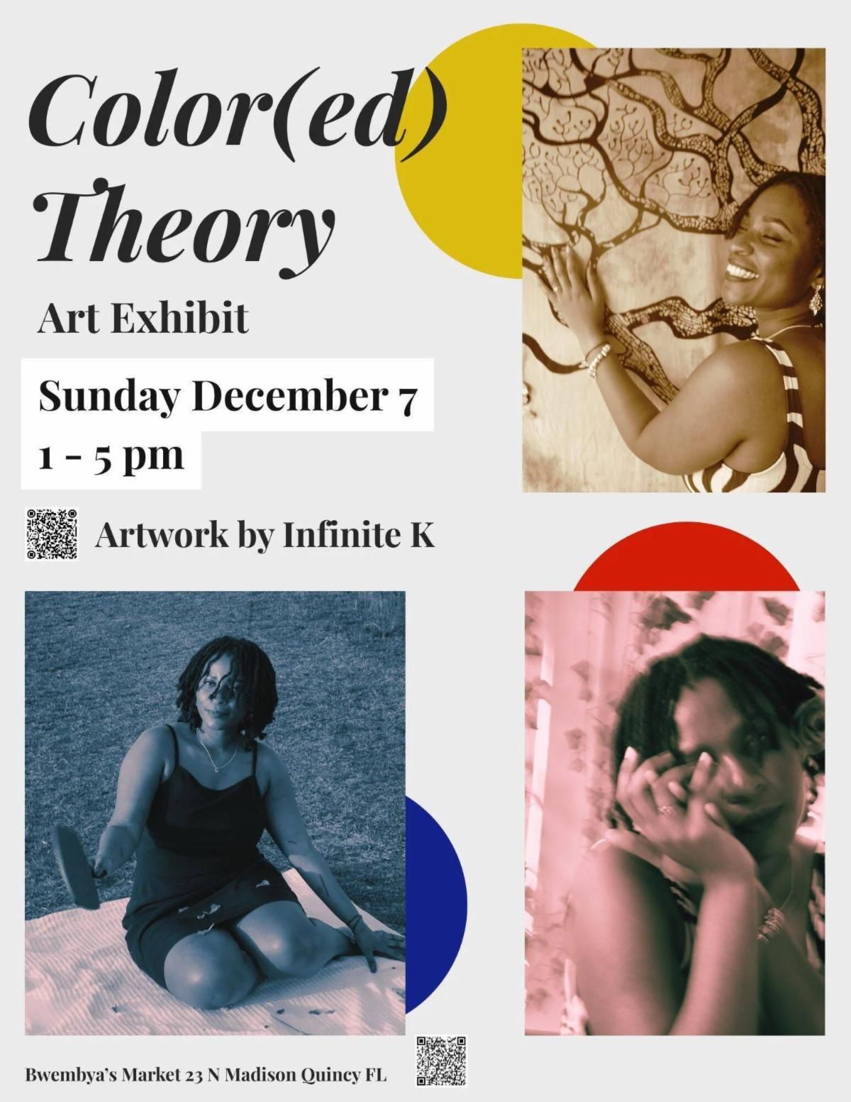 Color(ed) Theory art exhibit poster with four portraits and event details, December 7, 1–5 pm