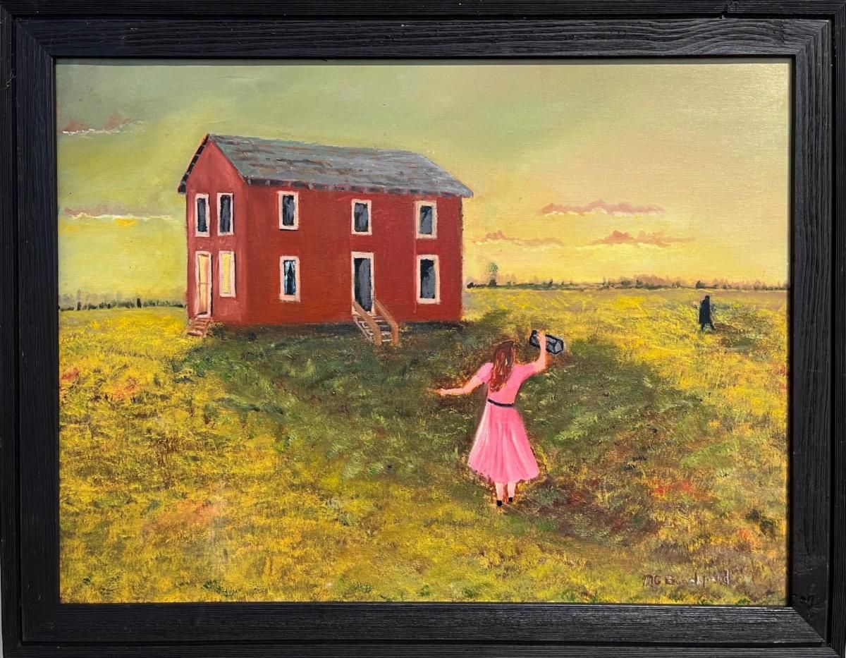 Red house in a yellow field with a girl in a pink dress walking toward it at sunset