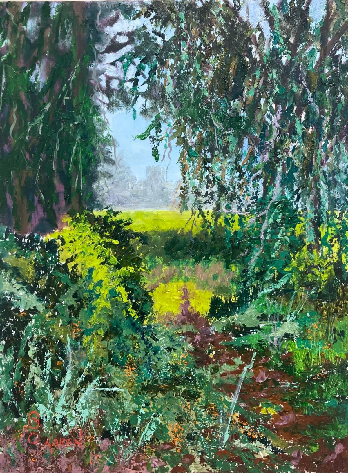 Lush garden path framed by trees and bright yellow flowers, with a misty landscape beyond