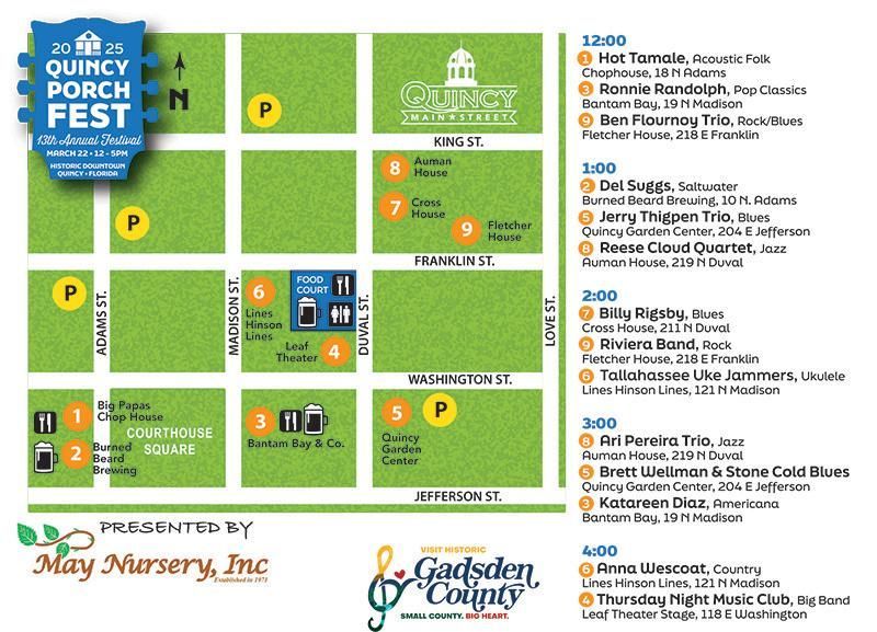 Quincy Porch Fest map with event locations, schedule, and sponsor logos in green-and-blue flyer layout