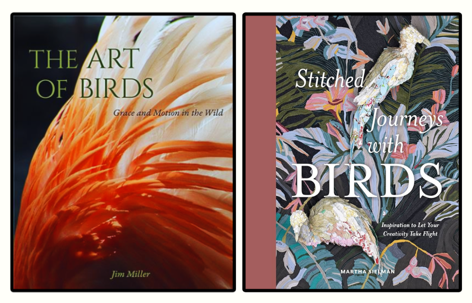 Two colorful bird-themed book covers: one red-orange feathered cover, one floral cover with birds and the title “BIRDS”