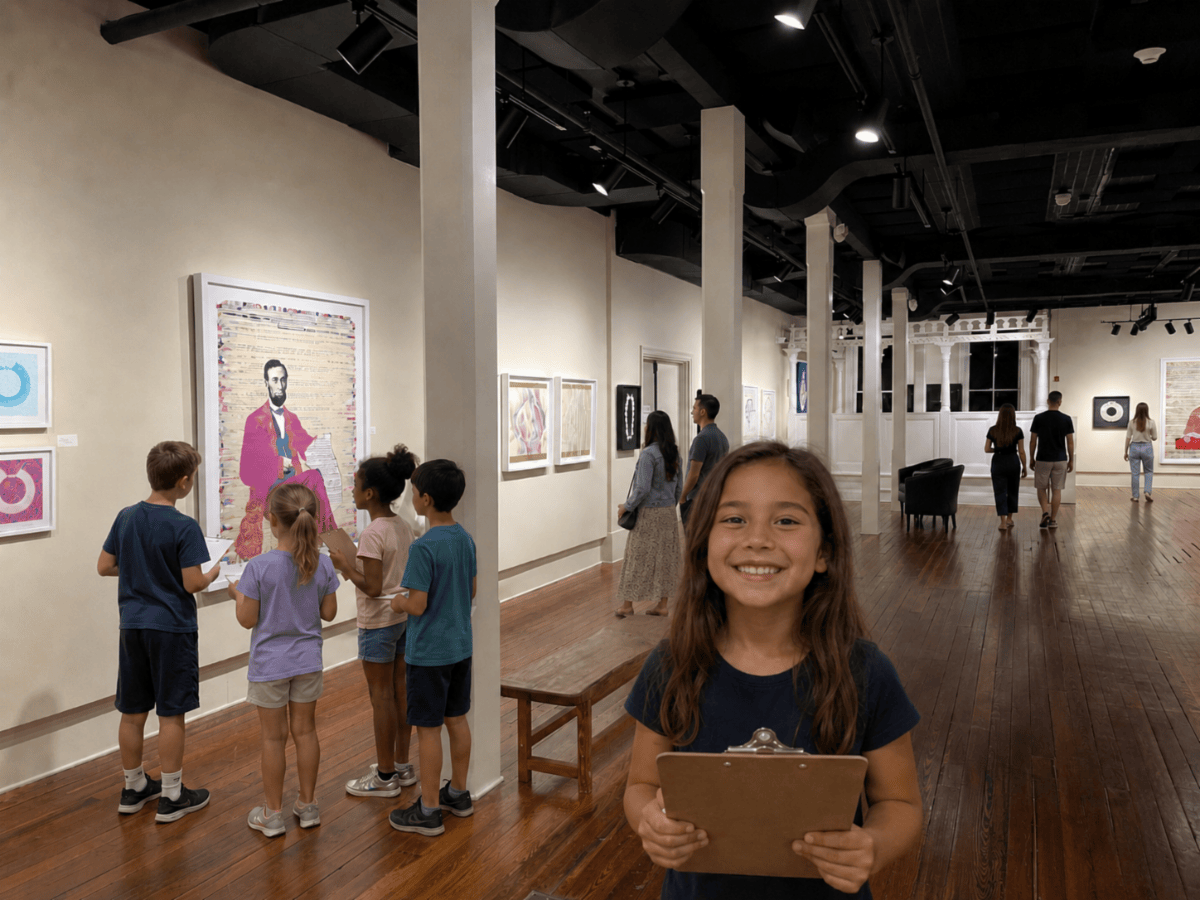 Children in an art gallery, with one smiling girl holding a clipboard in the foreground.
