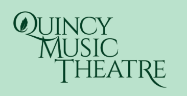 Quincy Music Theatre logo in dark green text on a light mint background