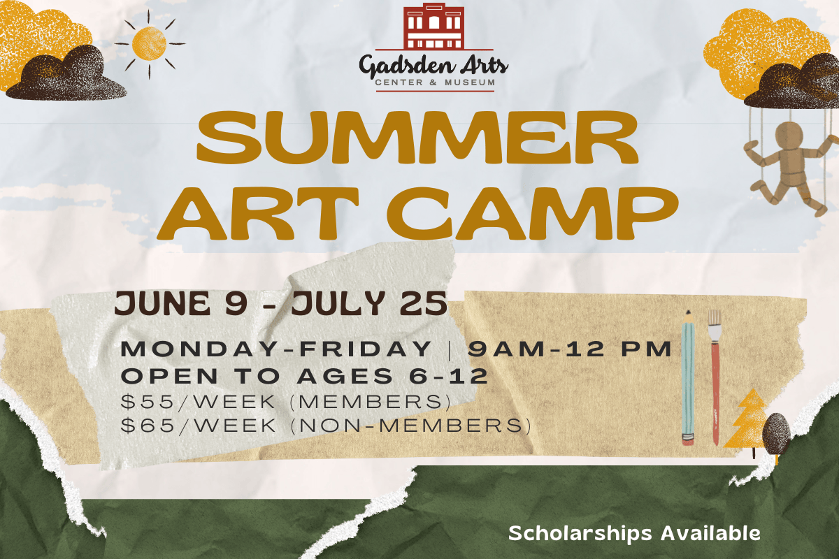 Summer Art Camp flyer with tan and gold text, June 9–July 25, grades K–12, and scholarship note on white background