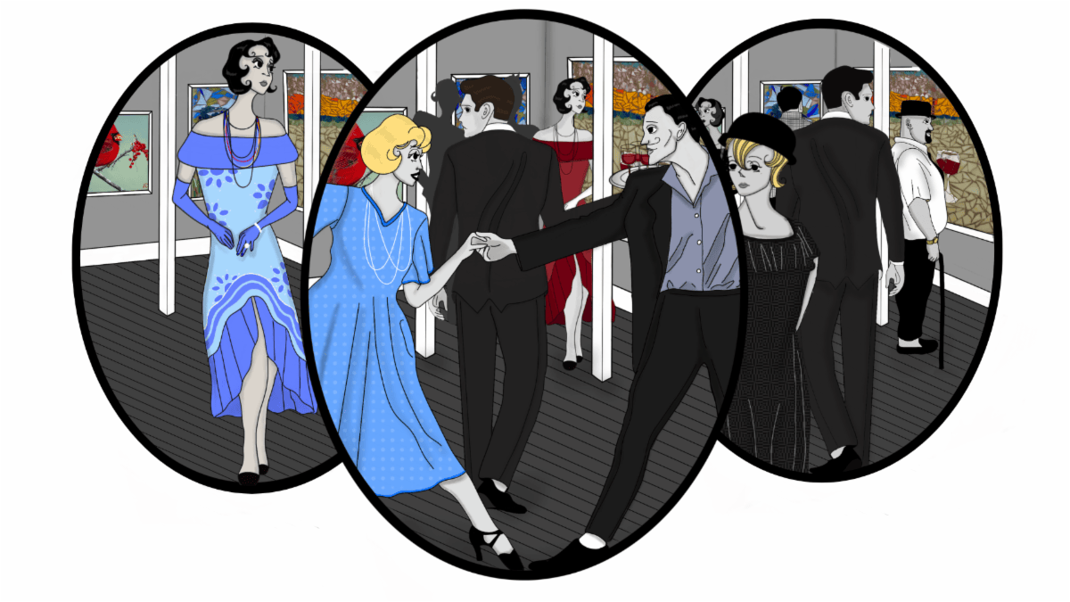 Masked figures in formalwear and blue gowns at a crowded party or ballroom scene