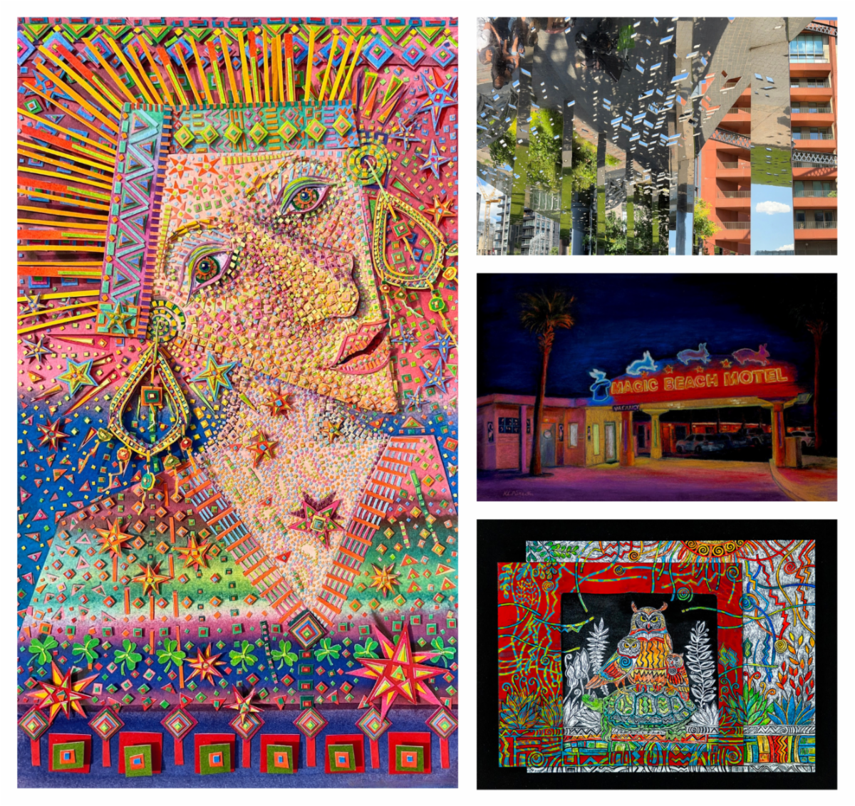 Colorful collage of vibrant street art, murals, and a neon-lit storefront at night