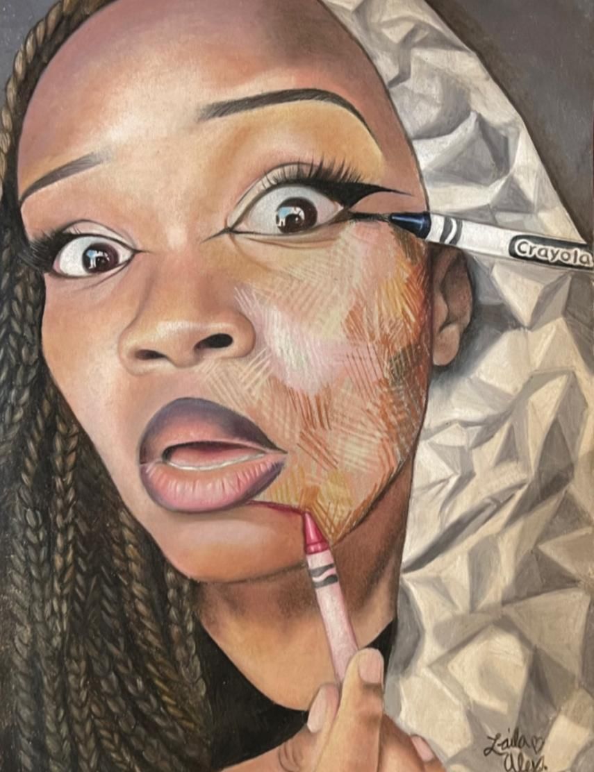 Woman applying makeup with two brushes, one on her eye and one on her chin, against a textured background.