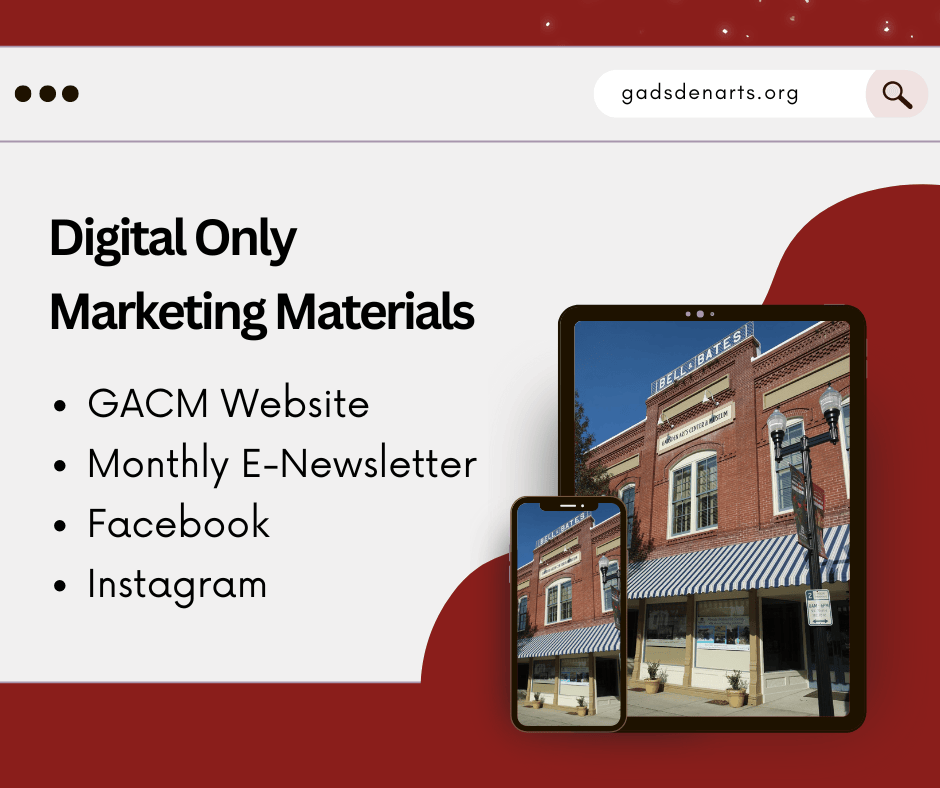 Digital-only marketing materials list for GACM website, email newsletter, Facebook, and Instagram, with storefront photo collage.