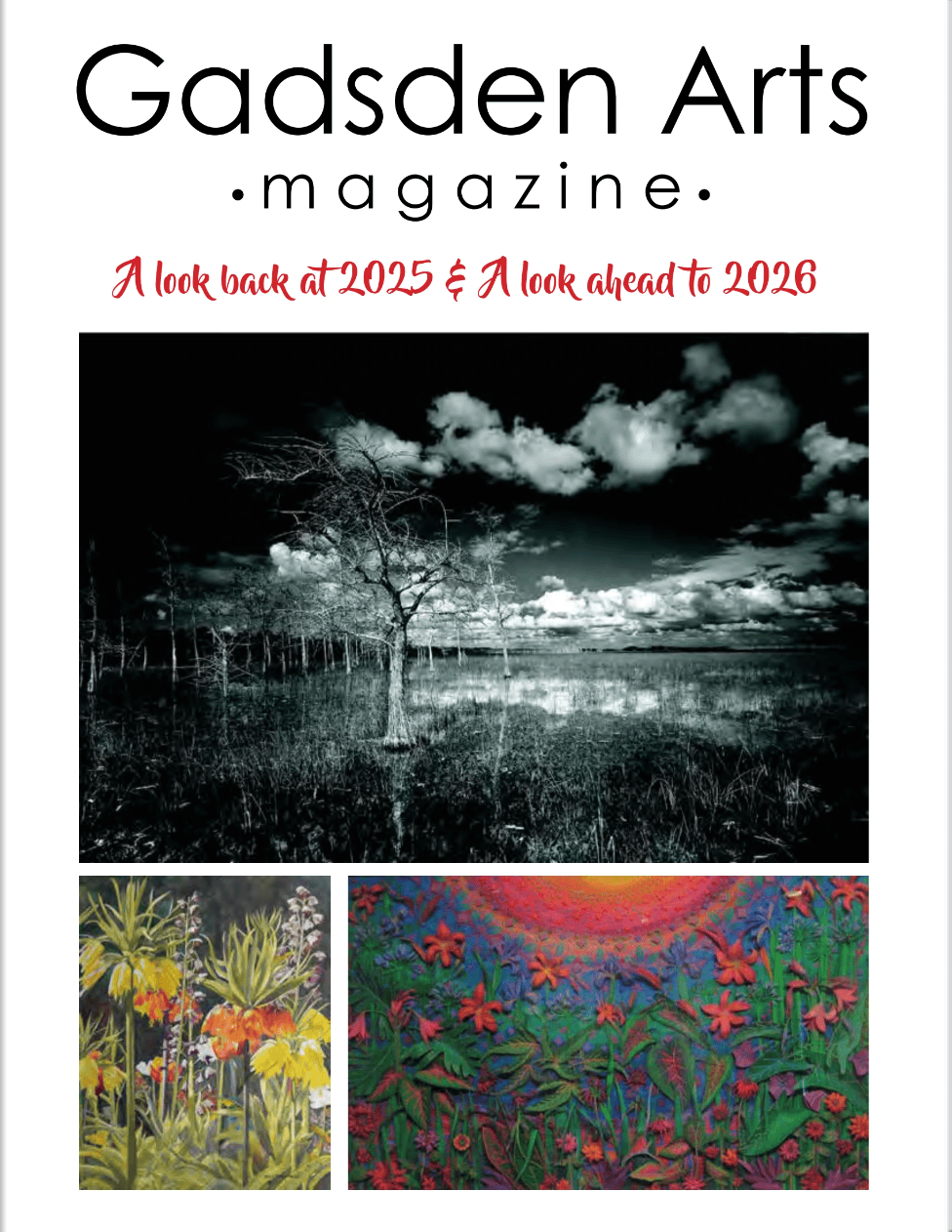 Gadsden Arts magazine cover with three landscape artworks and red text for 2025–2026 exhibition dates