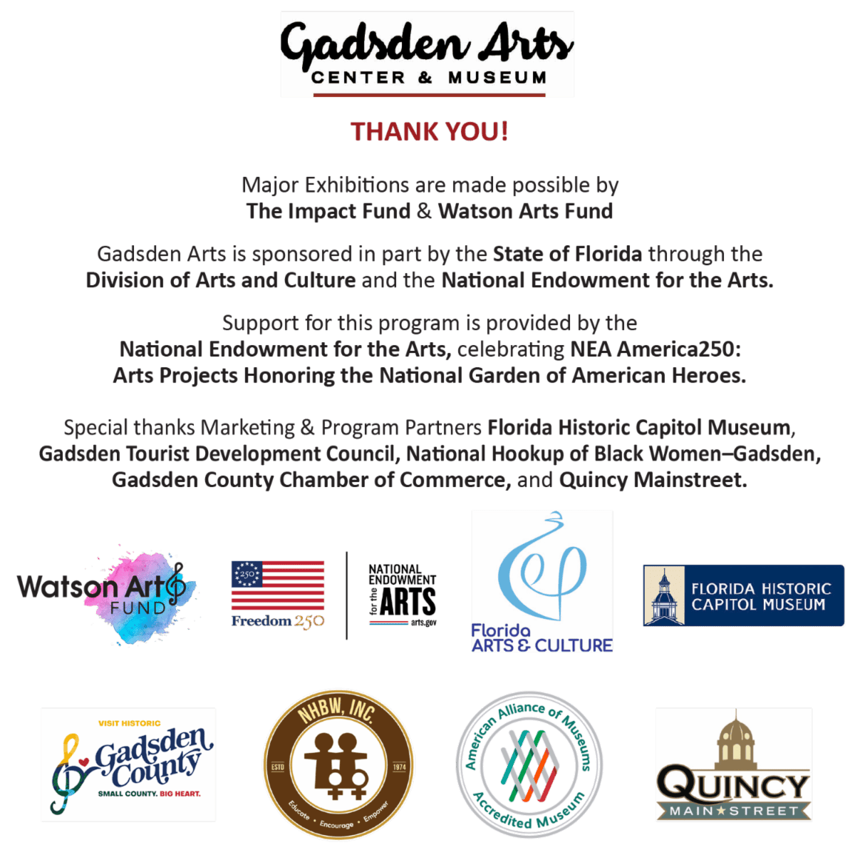 Gardner Arts Center thank-you poster with sponsor logos and support text on a white background