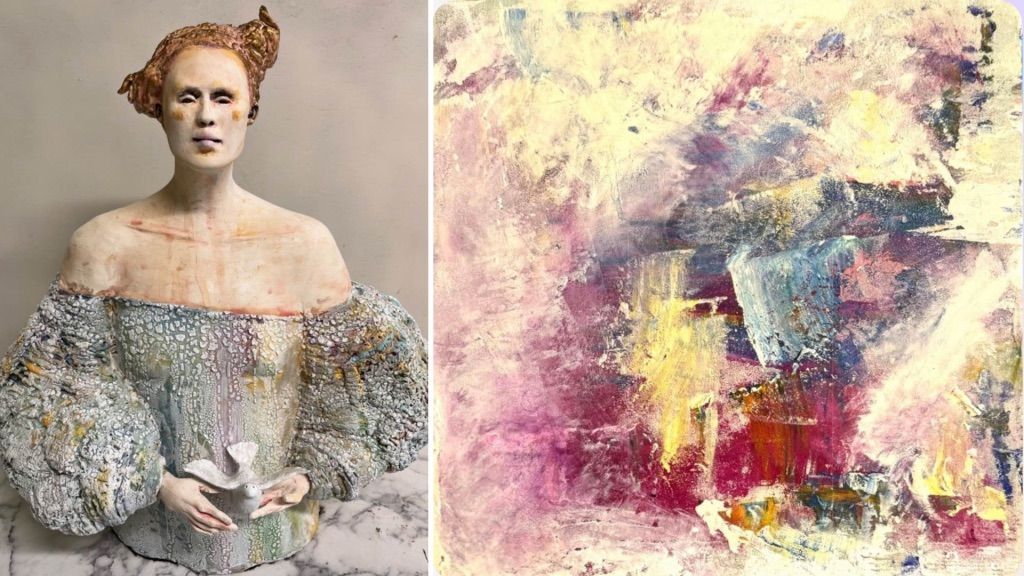 Portrait of a woman in a textured gray dress beside a pastel abstract painting